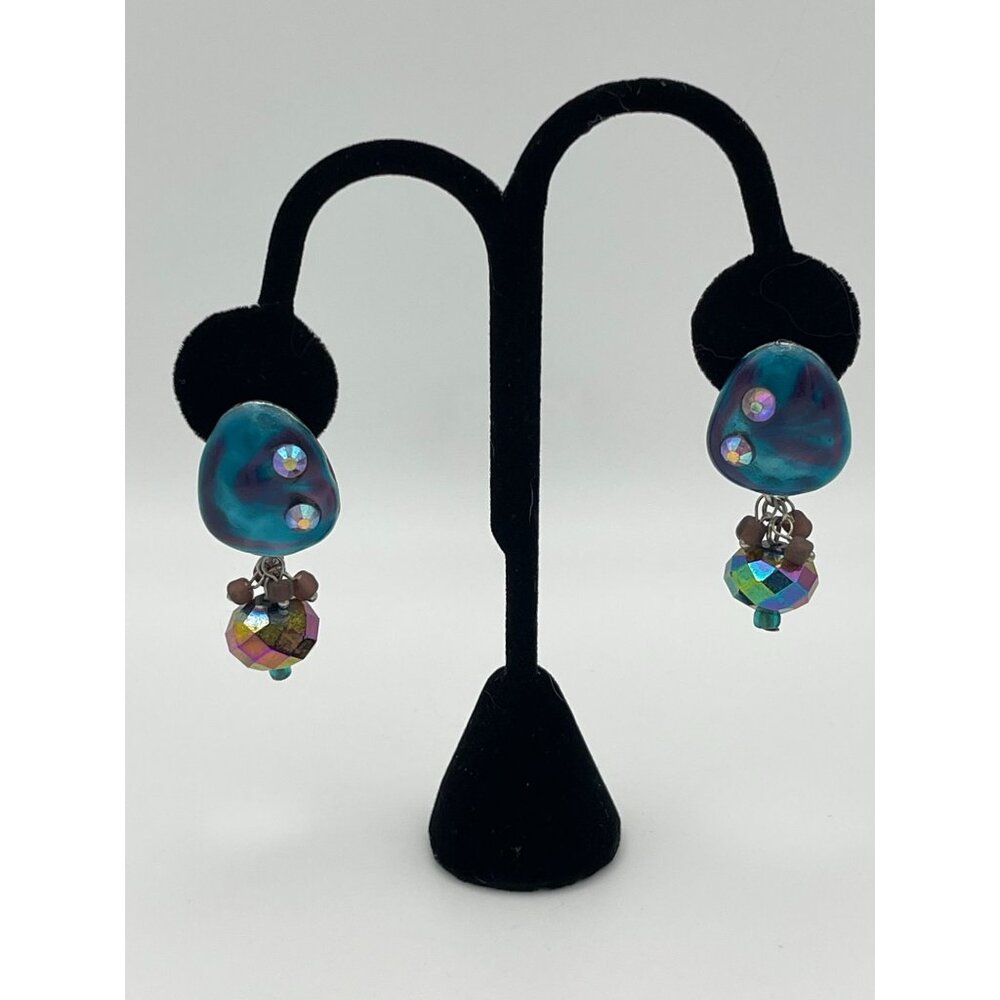 Iridescent Post Back Dangle Earrings Blues Greens Pinks 2"